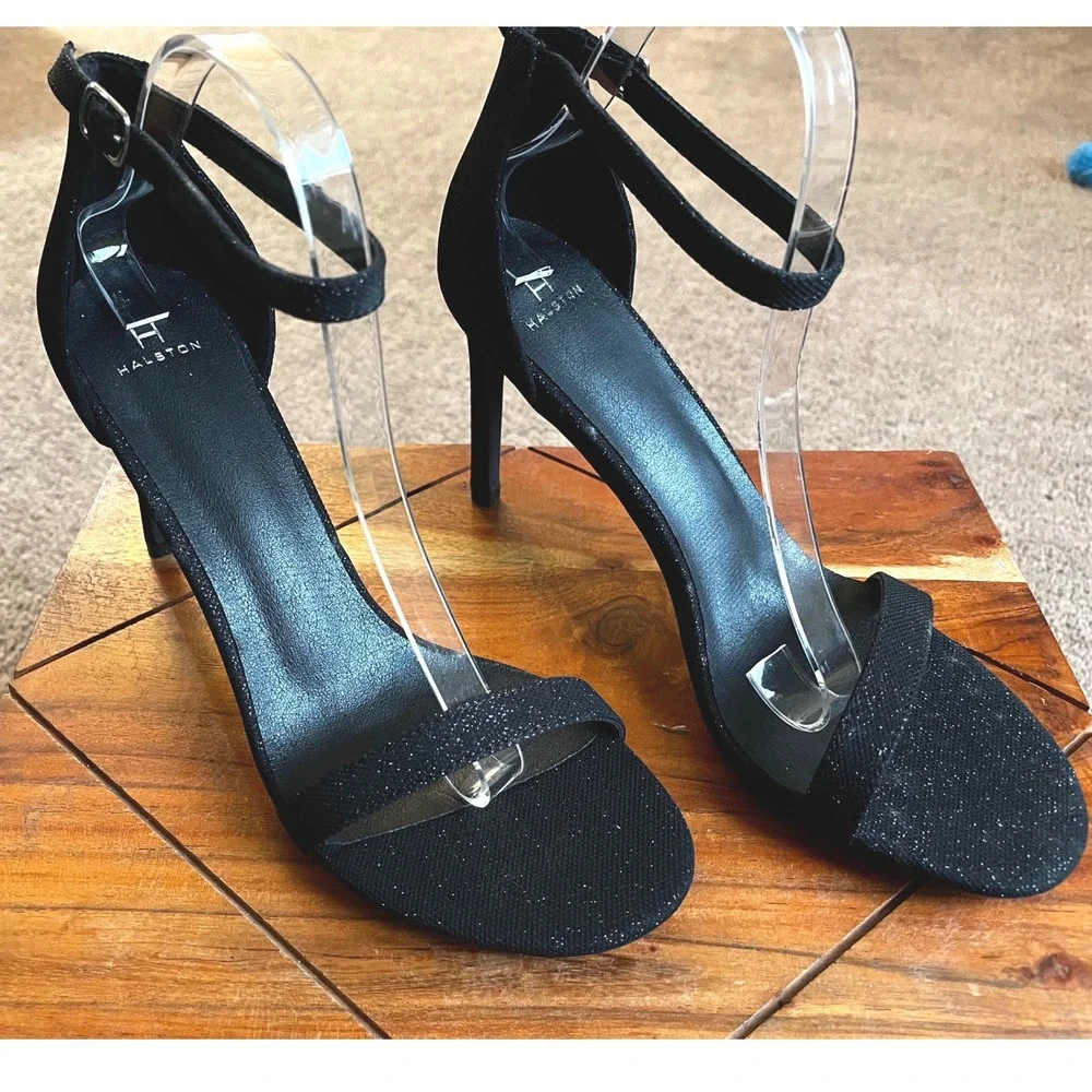 Halston Maui Black Glitter Stiletto Ankle Strap Sandals Heels US 10 EU 41